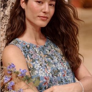 New Garnet Hill Livvy Floral Crêpe Popover Dress  Gauze Pleated Multicolored L